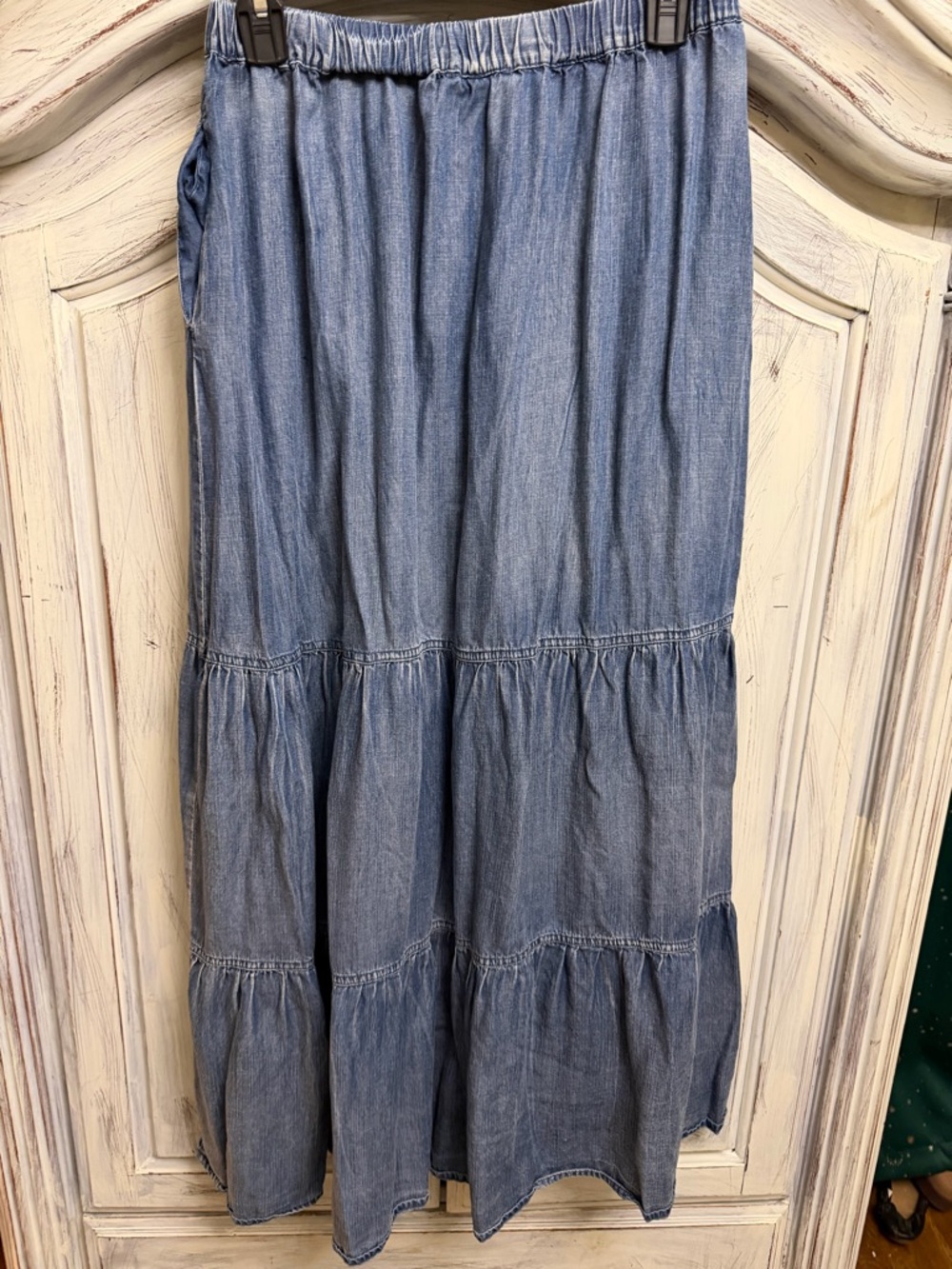 Boutique Denim Tiered Midi Skirt Mittoshop Size Medium Boho Chambray - Picture 2 of 3